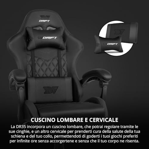 DR35 – Sedia Gaming Ergonomica Professionale con Braccioli 2D Regolabili, Supporto Lombare e Cervicale, Reclinabile a 135°, Rivestimento in Pelle Sintetica, Ruote Silenziose, Nero