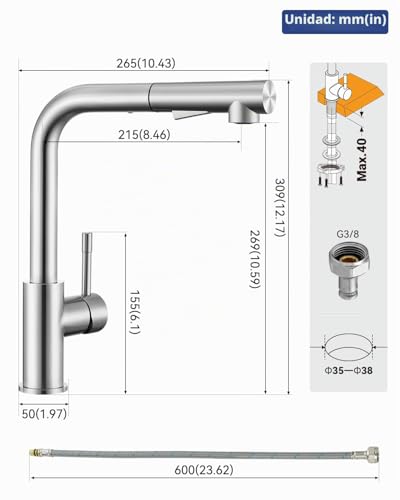 Sofetiy Kitchen Faucet Extendable Kitchen Faucet with Shower Two Types of Water Jet High Pressure Kitchen Faucet Brushed Stainless Steel Single Handle Kitchen Faucet 360° Rotation | Two kinds of water jet, 360° rotation, hot and cold water, stainless steel, single lever sink faucet