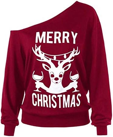 Howley Top Women Shirt Long Sleeve Off Shoulder Merry Christmas Print Blouse Holiday Xmas Sweatshirts