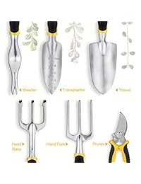 YiSSVIC Juego de herramientas de jardín, 12 piezas, resistente, kit de jardinería, aluminio fundido con mango suave de goma antideslizante, bolsa de almacenamiento duradera y tijeras de podar Regalos de jardín para hombres y mujeres
