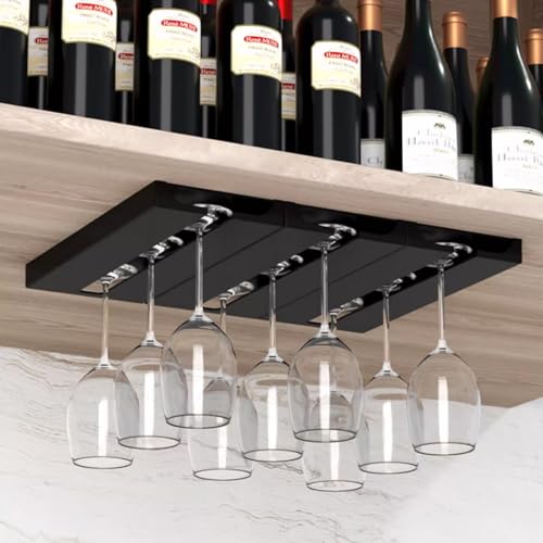 Dwitkul Set of 4 Hanging Wine Glass Holder for Wine Glasses Without Drilling Glass Holder for Bar Restaurant Kitchen (Black)