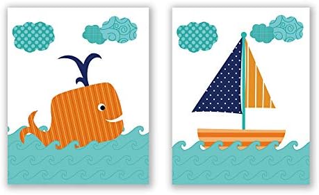 Homdeco Ocean Themed Art Print Set of 2 (8”X10”) Sailboat Whale with Wave Print for Kids Bathroom, Colorful Educational Canvas Wall Art, No Frame