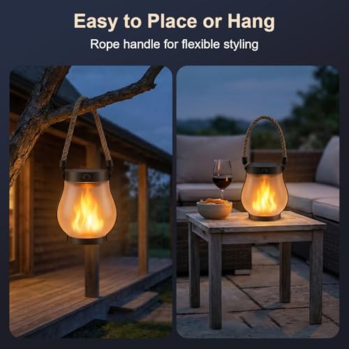 Solar Lanterns Outdoor Waterproof 4 Pack, Outdoor Solar Lanterns with Flickering Flame Effect, USB-C & Solar Charging, Auto Dusk to Dawn, Hanging Light for Garden Patio Yard