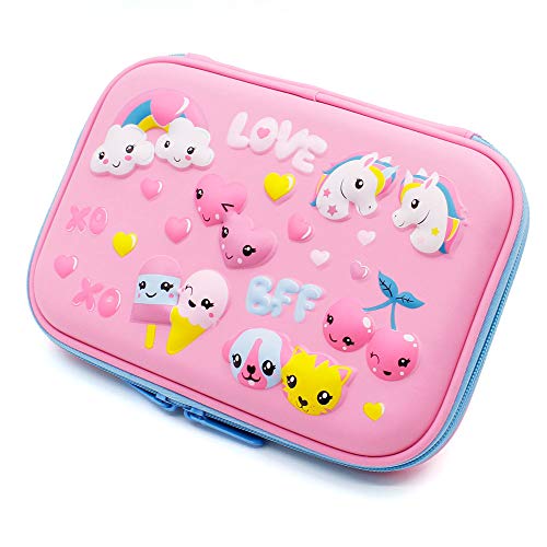 Cute Unicorn Love Embossed Hardtop Pencil Case - Girls School Supply Stationery Organizer - Large Capacity Kids Pen Box Pouch Bag with Compartment (Light Pink) - Thumbnail 2