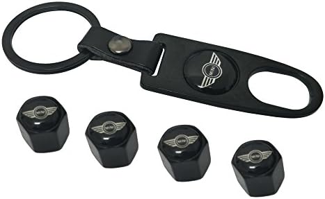 AEMULUS Combo Set Black Tire Stem Valve Caps and Keychain Tire Decoration For Car Auto Mini Cooper