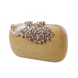 BMC Womens Elegant Rhinestone Peacock Clasp Velvet Cocktail Evening Handbag-TAN