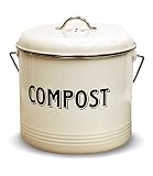 Compost Bin with 7 FREE Charcoal Filters by Silky Road | 1.3-Gallon / 5-Liter | Vintage Cream Powder-Coated Carbon Steel | Kitchen Pail with Lid, Trash Keeper Container Bucket, Recycling Caddy