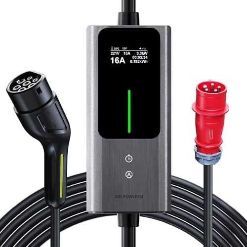 Mobile Wallbox 11 kW [3-Phase | 5 m | 6-16 A] Mobile Charging Station EV Charging Cable CEE 16A to Type 2 and EV Charger with Adjustable Current and Setting Start Time for All EV PHEV IEC 62196-2 VDLPOWEREU