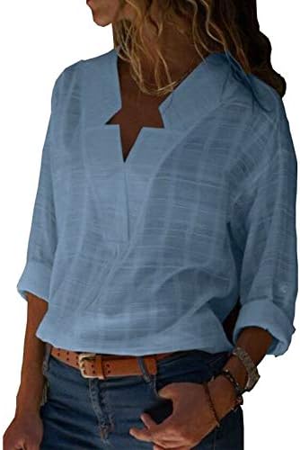 GARYOB Womens V Neck Long Cuffed Sleeve Cotton Linen Casual Blouses Print Solid T Shirt Tops S-5XL