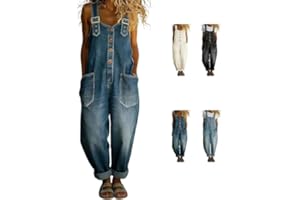 Women's Denim Overalls, Loose Fit Baggy Barrel Jean Bib Jumpsuit with Pockets, Adjustable Straps Casual Dungarees