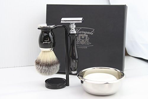 Haryali London Shaving Kit – 5 Pc Shaving Kit – Double Edge Safety Razor - Synthetic Hair Shaving Brush – Shaving Soap – Shaving Bowl – Shaving Stand – Black Color Shaving Set as Gift