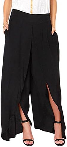 Tengfurich Tengfu Women's Chiffon Black Split Back Zipper Wide Long Palazzo Skirt Pants