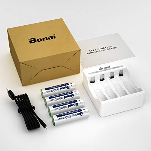 BONAI AA Lithium Rechargeable Batteries with Charger, 1.5V 3300mWh