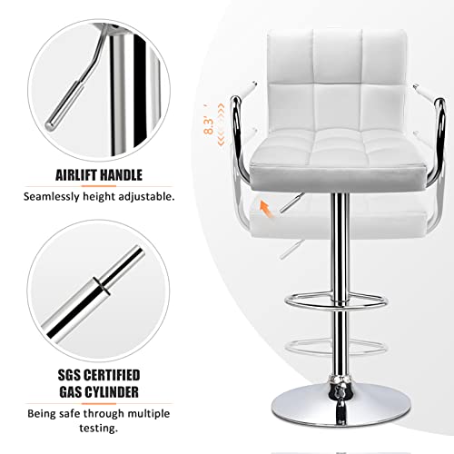 Huracan Bar Stools Set of 2 White Bar Chairs with Arms Swivel Counter