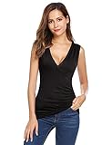 Easther Women's Summer Solid V Neck Ruched Side Slim Fit Casual Tank Tops,Black,Medium