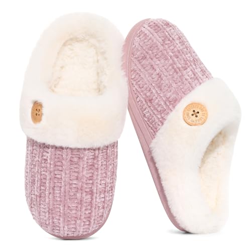 Evshine Warm Knit House Slippers for Women Comfy Wool-Like Lined Chenille Slippers with Memory Foam and Indoor Outdoor Soles