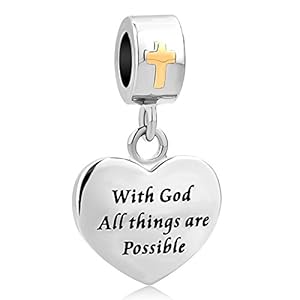 LovelyCharms Cross Charm with God All Things are Possible Religious Dangle Bead Fits European Bracelets (Heart)