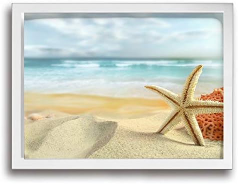 SAARTM Beach Sea Starfish Shells Framed Picture Print Wall Art - Glass Modern Abstract Landscape Living Room Bedroom Piece Home Decor Easy Hang Guide