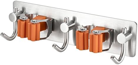 Bosszi sus 304 Square Stainless Steel and silicone Mop Broom Holder Racks Adhesive Wall Mount Bathroom Storage Organizer Mop Hanger (3 hooks)