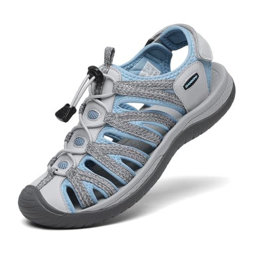 Sandalen Damen Trekking Sportsandalen Outdoorsandale Geschlossene Gummi Wandersandalen Sommer für Reisen（Beige,39）