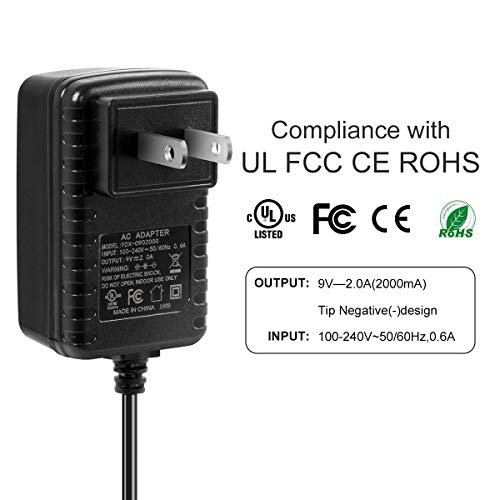 Guitar Pedal Power Supply, DC 9V 2A UL Listed Tip Negative Low Noise