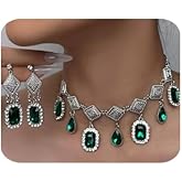 Lenjicons Elegant Rhinestone Crystal Dangle Necklace Earring Set Vintage Rhinestone Choker Necklace Bohemian Crystal Dangle Earrings Wedding Party Prom Jewelry Set for Women(3pcs)
