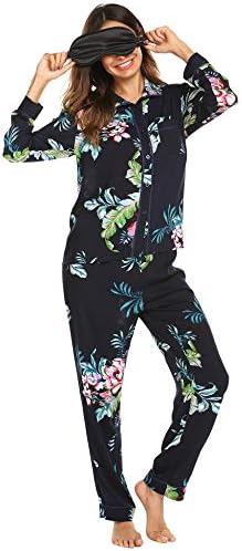 Women's Patterned Floral Cotton Long Sleeve PJ Set with Long Pants and Sleep Mask Blindfold S-XL