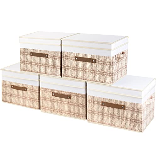 TYEERS Faltbare Aufbewahrungsbox mit Deckel, Stoff, Patchwork-Design, Kisten Aufbewahrung mit Deckel, 38x25x25 cm, 5-Stück, Lohfarben
