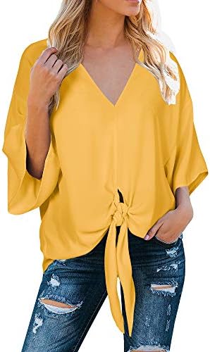 Farktop Womens Floral V Neck Tie Knot Front Blouses Bat Wing Short Sleeve Chiffon Tops Shirts