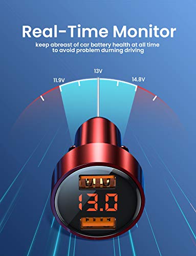Fast Car Charger, AINOPE Dual QC3.0 Port 6A/36W USB Car Charger All Metal Cigarette Lighter USB Charger Voltage Display Compatible with iPhone 11/11 pro/XR/X/XS/8, Samsung Note 8/S9/S10+/S8 - Red