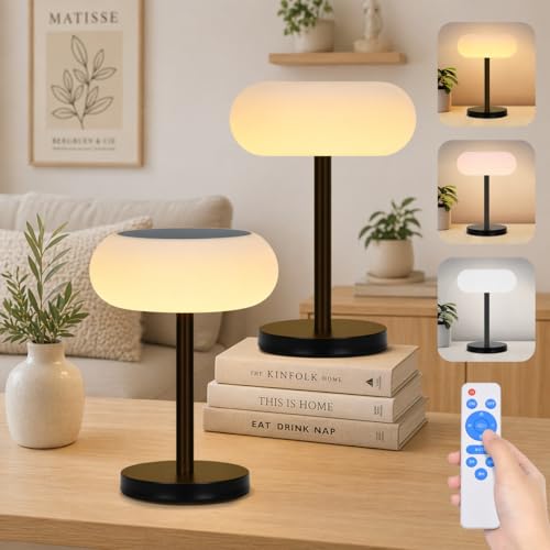 Rosnek Wireless LED Solar Table Lamp, 4000mAh Battery, 3 Color Modes & Continuous Dimming, IP65 Waterproof with Remote Control, USB-C Charging & Solar Power (Pack of 2)