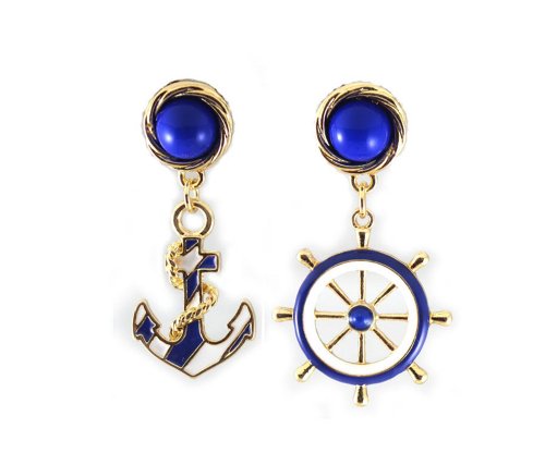 E-beautiful Navy Style Metal Anchor Steering Wheel Fashion Blue White Earrings