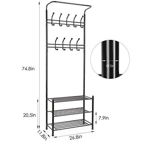 HOMFA Metal Entryway Coat Shoe Rack 3tier Shoe Bench with Coat Hat