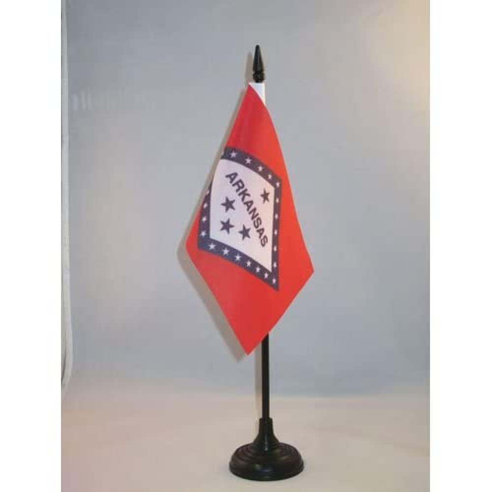 AZ FLAG - Arkansas Table Flag 4'' x 6'' - US state of Arkansas Office Mini Banner 100% Polyester 15 x 10 cm - Mini Desk Flag with 10'' Pole and Black Plastic Base — image 1