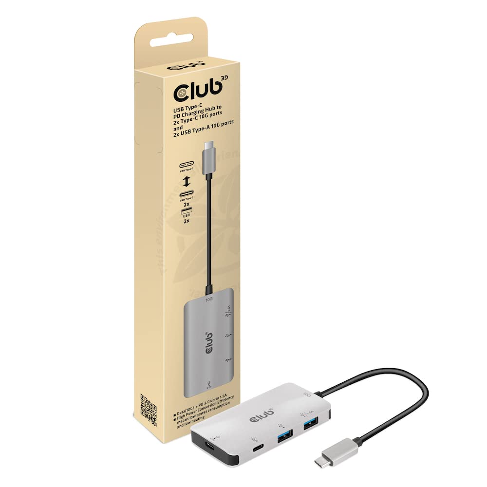 Club 3D USB Type-C PD Charging Hub to 2X Type-C 10G Ports and 2X USB Type-A 10G Ports