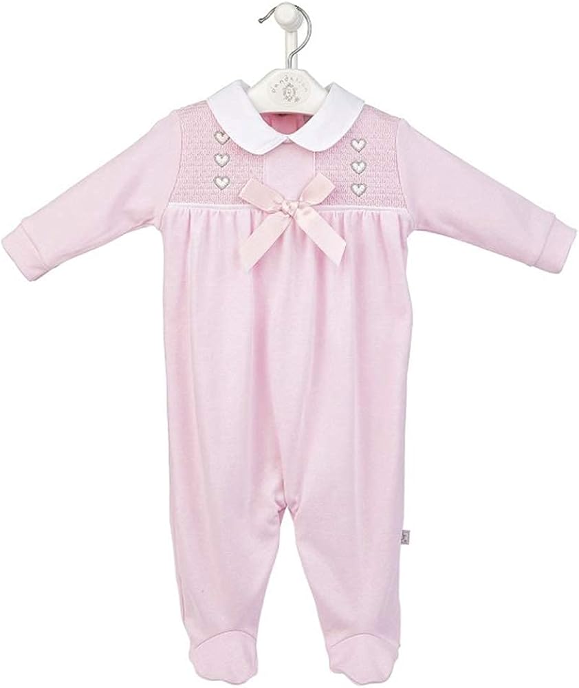 Dandelion Clothing Baby Girls Pink Smocked Rompers Spanish Heart and Bow Sleepsuit Newborn 6