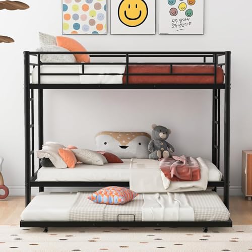 VirtuSync 200 x 105 cm Litera Individual con Cama Nido, Cama Triple para Adolescentes, Estructura Metálica Fuerte con Barandal Alto