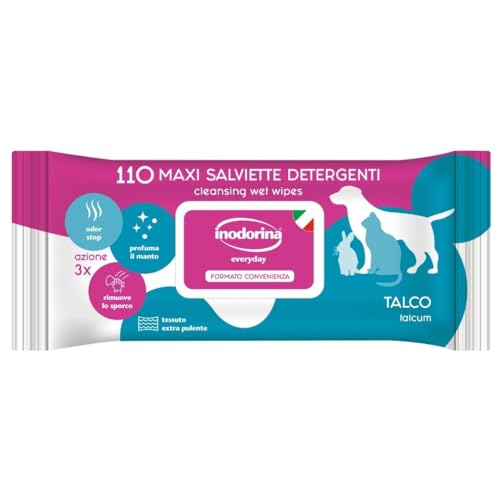 Inodorina Lingettes Quotidiennes pour Chiens et Chats (110 pièces, Talc) - Lingettes en Tissu résistant avec Odor Stop - Action adoucissante et protectrice - Respecte Le pH Naturel