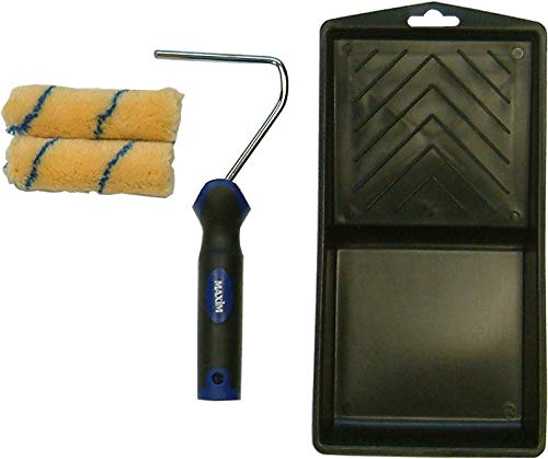 Maxim Mini Paint Roller Painting Kit with 4” Black Tray, 2 x Striped Yellow 4” Medium Pile Woven Roller Heads Plus an 11” Metal Frame with a Soft Grip Plastic Handle, for Smooth and Textured Surfaces