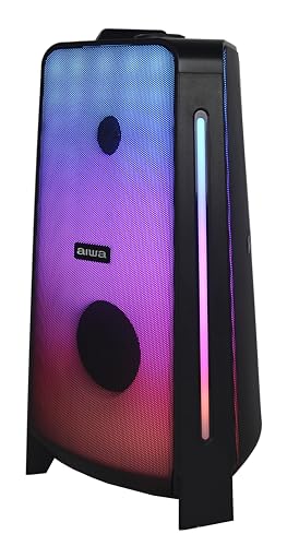 Aiwa Bocina Portátil Recargable 50W RMS, Bluetooth 5.3 con TWS, Doble Woofer de 5", Luces LED, Super Bass, Radio FM, Doble Entrada para Micrófono Karaoke, Pantalla LCD, Modelo AWPOK400LD Color Negro
