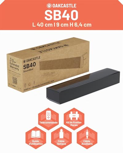 Oakcastle SB40 60W Bluetooth TV Soundbar 2.0 Compact 40 cm | Soundbar for TV & PC | Bluetooth | HDMI ARC, AUX & Optics | Remote Control & Wall Kit Included | 6 Sound Modes