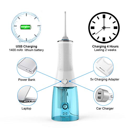 Water Flosser Oral Irrigator, YUNDOO Cordless Rechargeable Anti Leakage Non-slip 300 Ml Water Pick Teeth Cleaner with Power Light for Braces, Implants, Bridges, Dental Care at Home and Travel