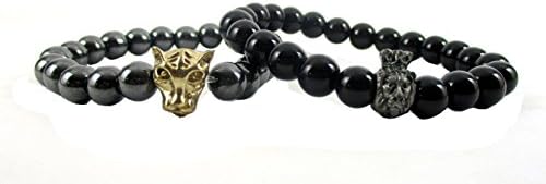 Wristband Bead Gun Metal Panther Face & Black Bead Lion Charm Black (Set of 2 pcs.) 8mm Bead Bracelets for Men.