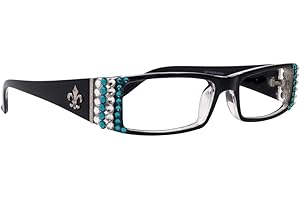 The French, Fleur De Lis, Rectangular Bling Women Reading Glasses Adorned w (Clear +Turquoise) European Crystals +1 +1.50 +1.75 +2 +2.25 +2.50 +2.75 +3 Black. NY Fifth Avenue. (+2.50)
