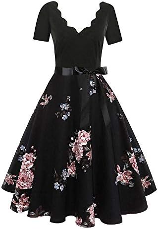 Women's 1950s Retro Vintage Cap Sleeve V Neck Rockabilly Swing Dress Cocktail Dresses with Butterfly Belt