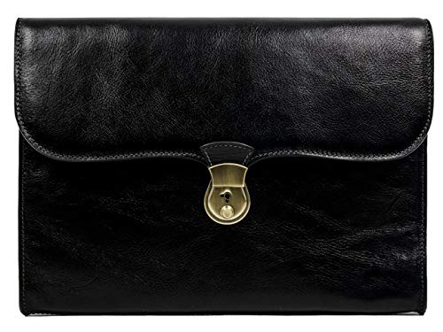 Time Resistance Leather Portfolio with Key Lock - Hand Dyed by Vegetable Tanning - Briefcase Messenger Type - Unisex (Black)