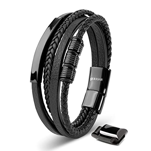 SERASAR Men's Leather Bracelet Magnetic Clasp Stainless Steel | Shining Genuine Cowhide Leather | Braided Style Bracelets | Jewellery Gift Box Included | Fashion Accessories For Men
