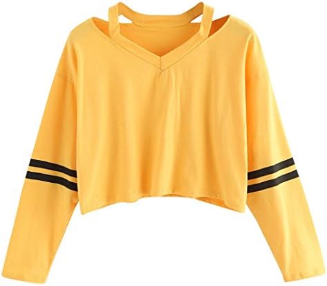 FDelinK Women's Loose Striped Long Sleeve V Neck Crop Top Casual Blouse T-Shirt