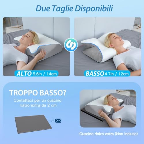 Cuscino Cervicale 2 in 1 Memory Foam per Dormire,Grigio,60x40x12/14cm