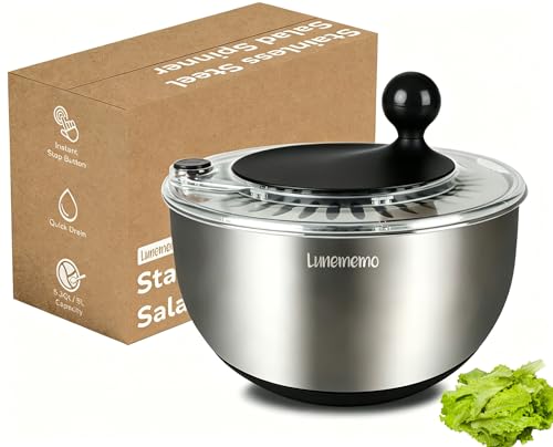 Lunememo 5L Salatschleuder Edelstahl 18/10, Rutschfester Boden & Stopptaste, Groß Salat Schleuder mit Deckel, BPA-frei, Schwarz